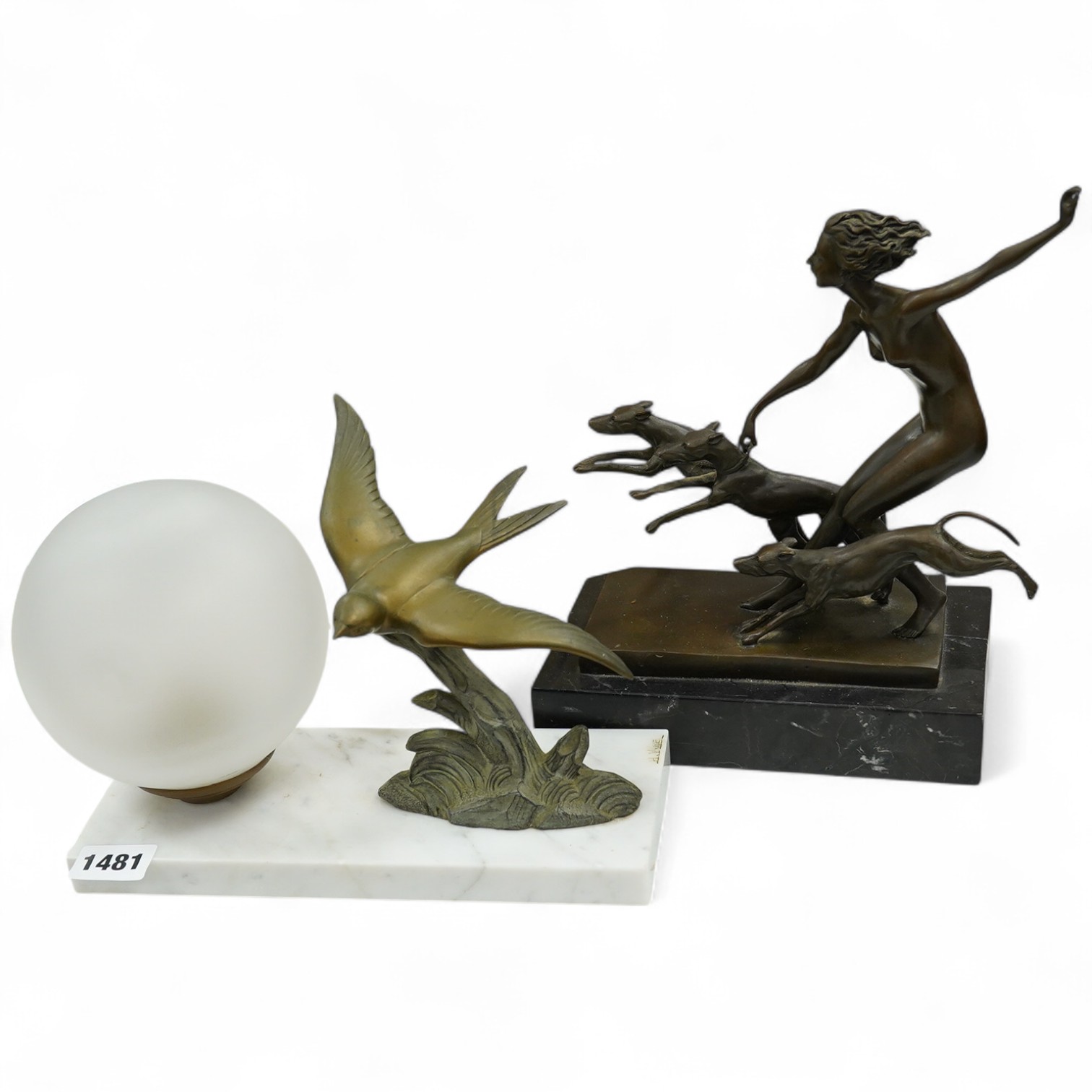after Josef Lorenzl, a bronze model of Diana and a bronze ‘swallow’ lamp. Base signed H. Vriue